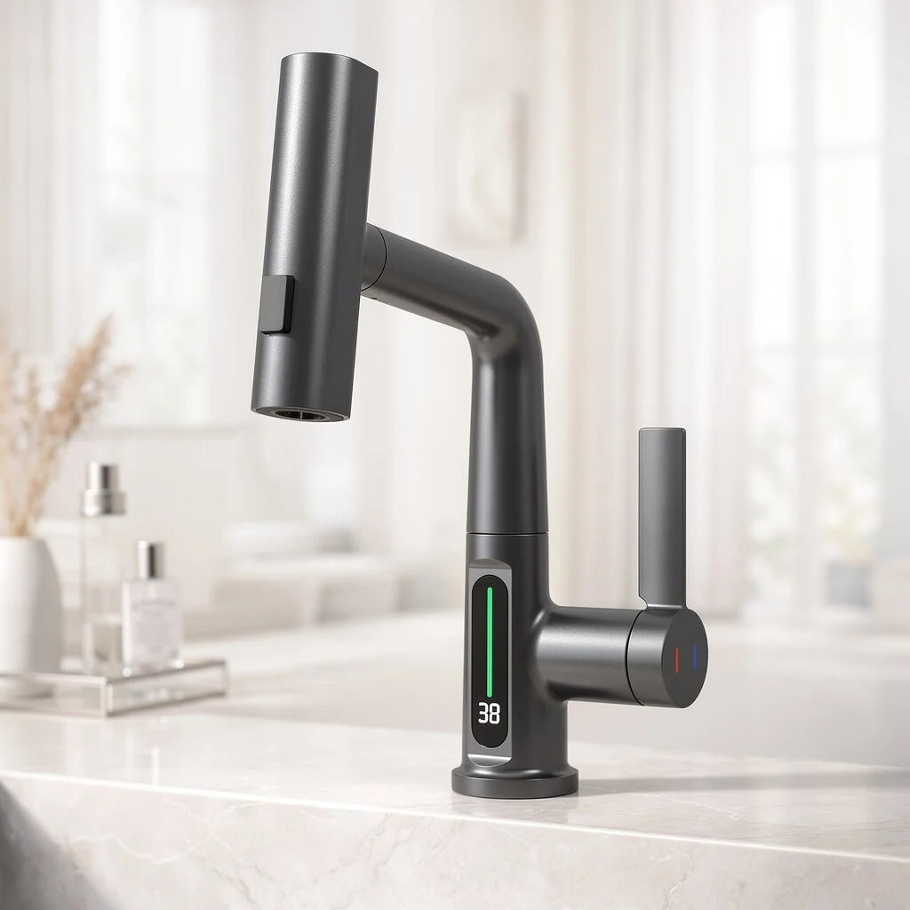 Pull-Out Kitchen Faucet LED Temperature Display Five Spray Modes