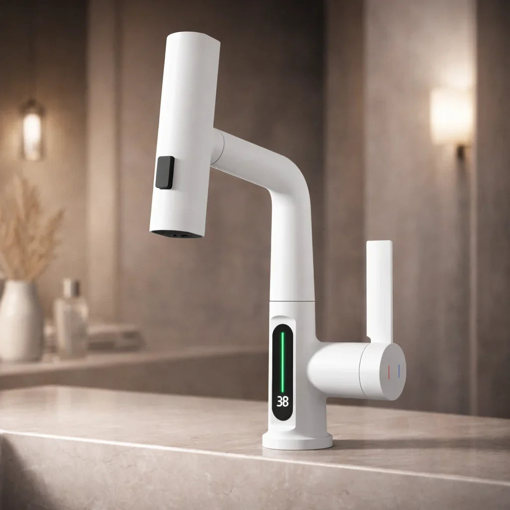 Pull-Out Kitchen Faucet LED Temperature Display Five Spray Modes