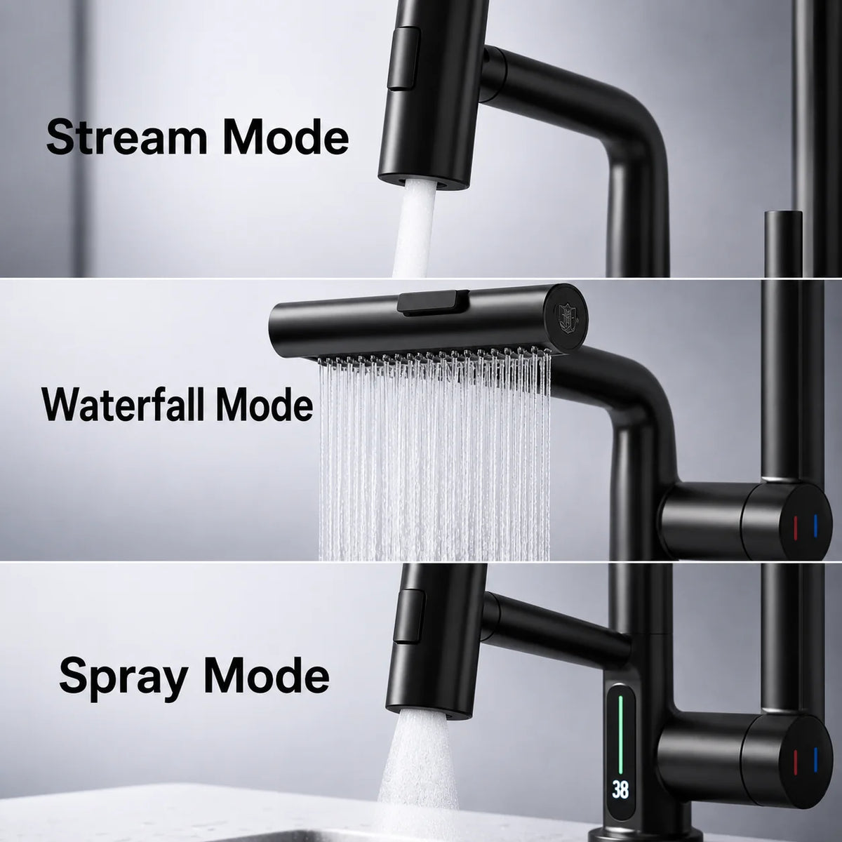 Pull-Out Kitchen Faucet LED Temperature Display Five Spray Modes