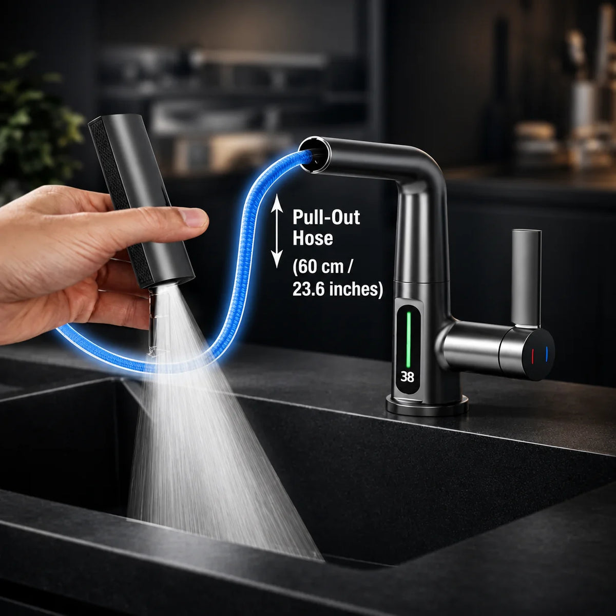 Pull-Out Kitchen Faucet LED Temperature Display Five Spray Modes