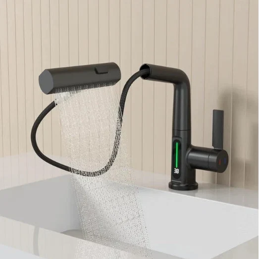 Pull-Out Kitchen Faucet LED Temperature Display Five Spray Modes