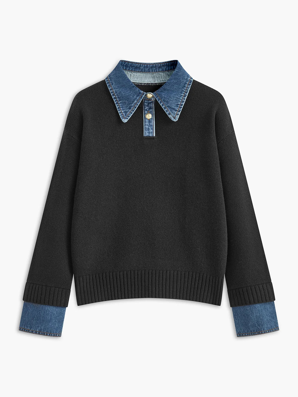 Pullover Sweater Denim Collar & Metal Buttons