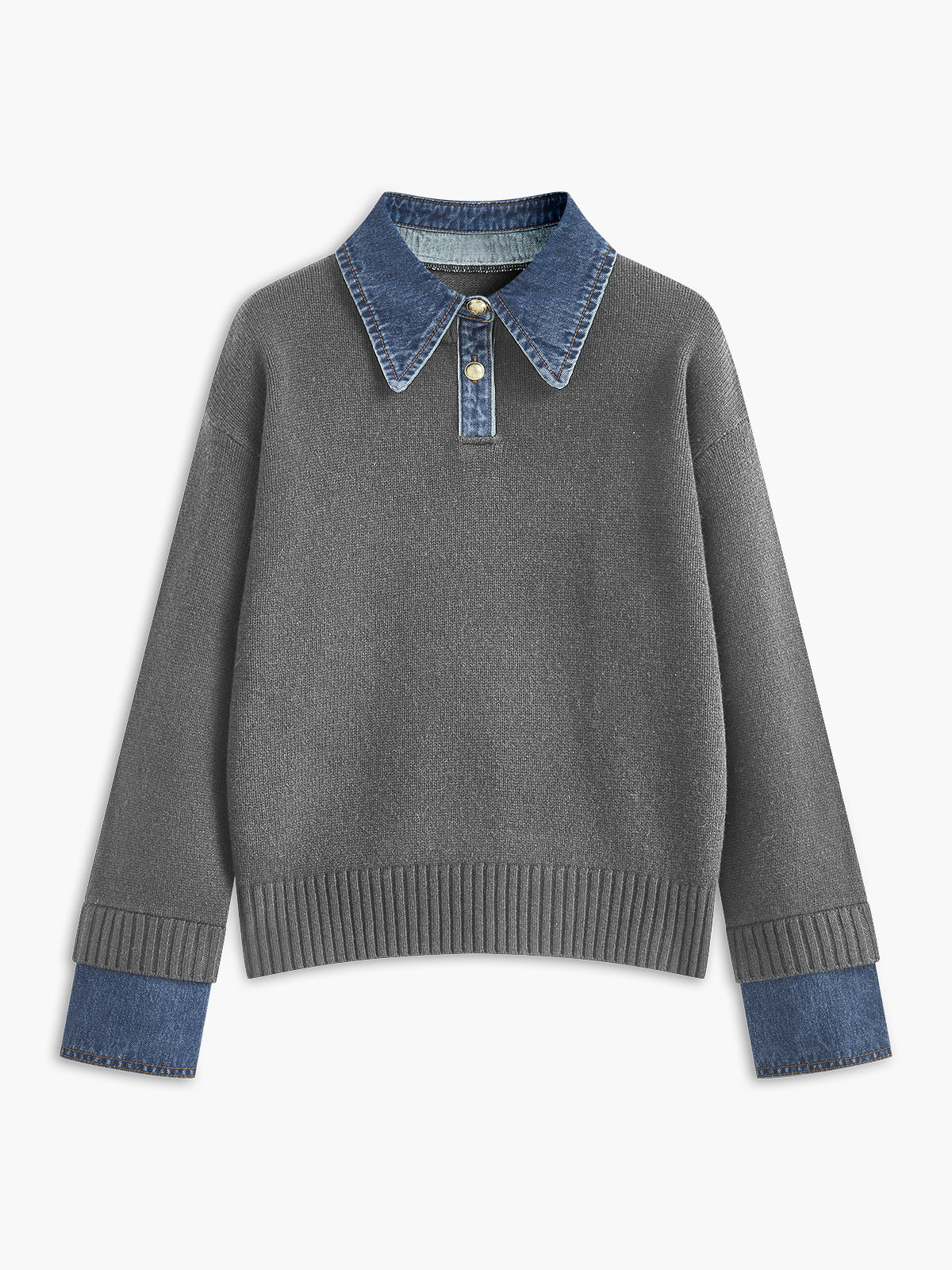 Pullover Sweater Denim Collar & Metal Buttons