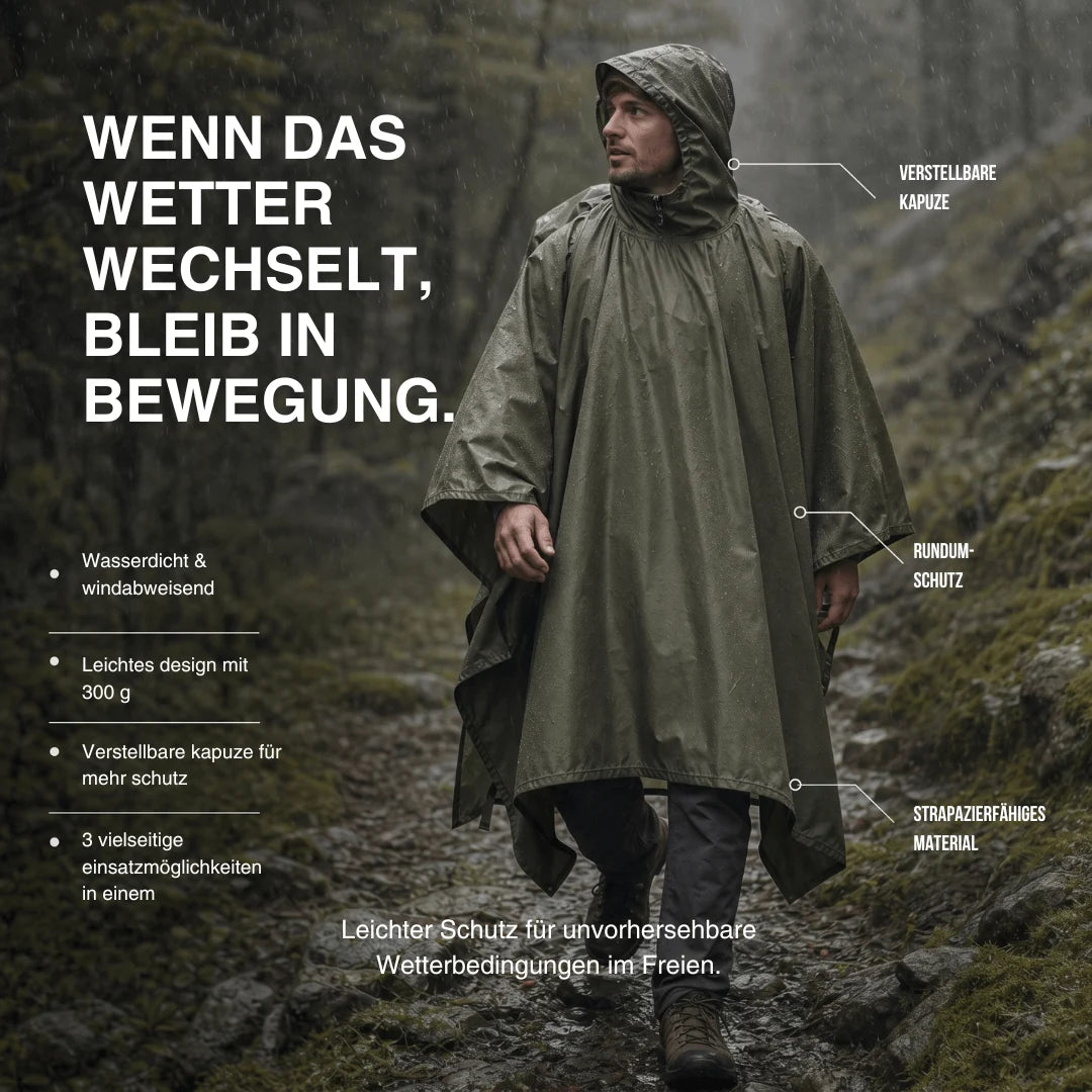 Rain Poncho Waterproof Hood & Sleeves Side Snap Closure