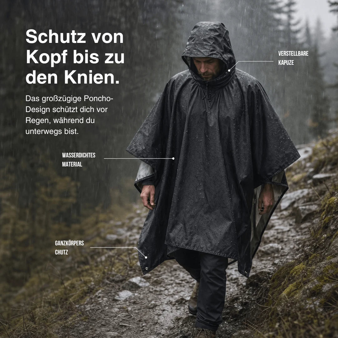 Rain Poncho Waterproof Hood & Sleeves Side Snap Closure
