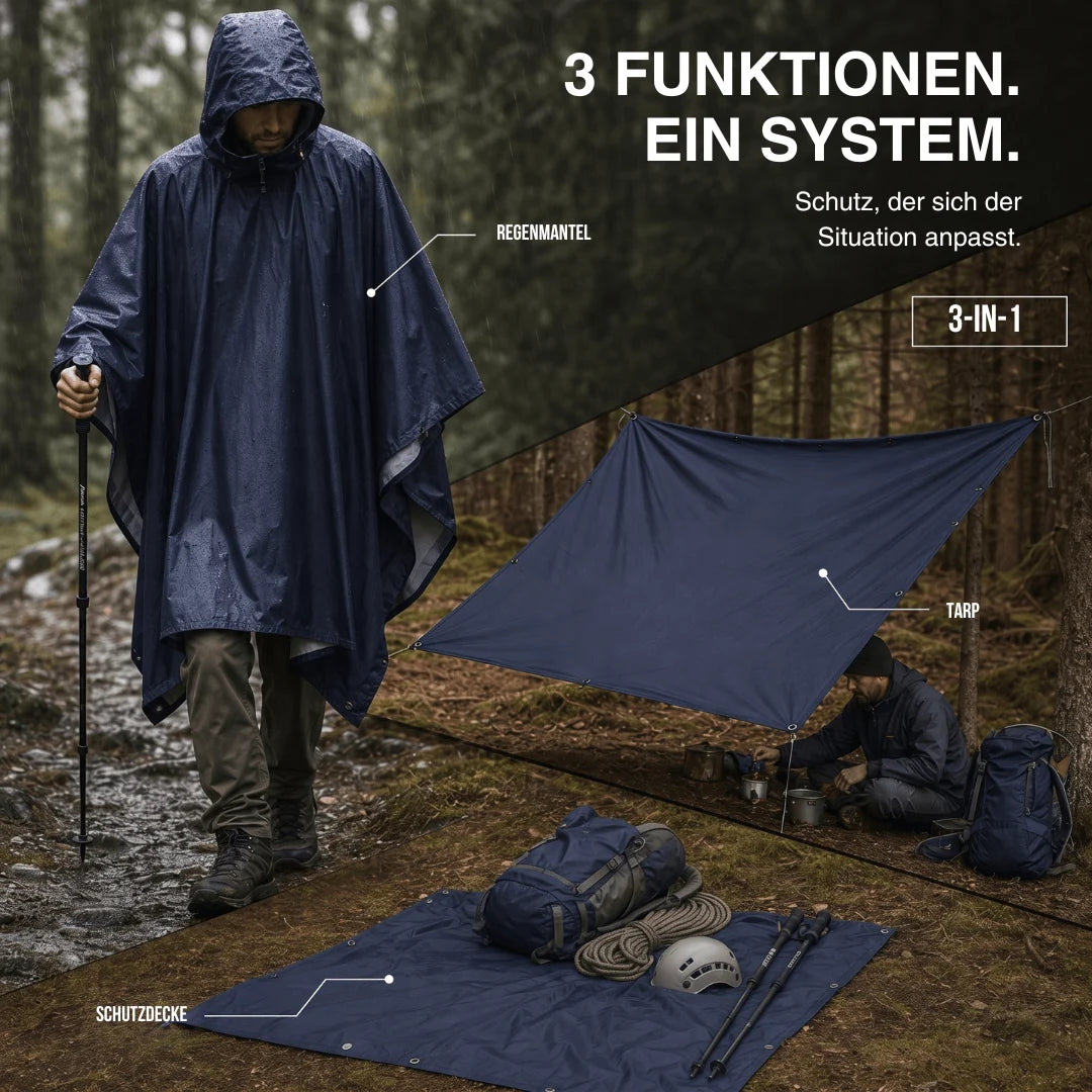 Rain Poncho Waterproof Hood & Sleeves Side Snap Closures