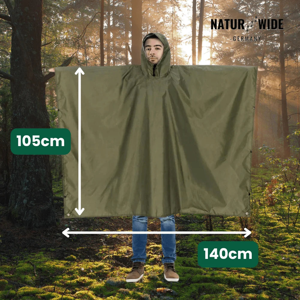 Rain Poncho Waterproof Hood & Sleeves Side Snap Closures