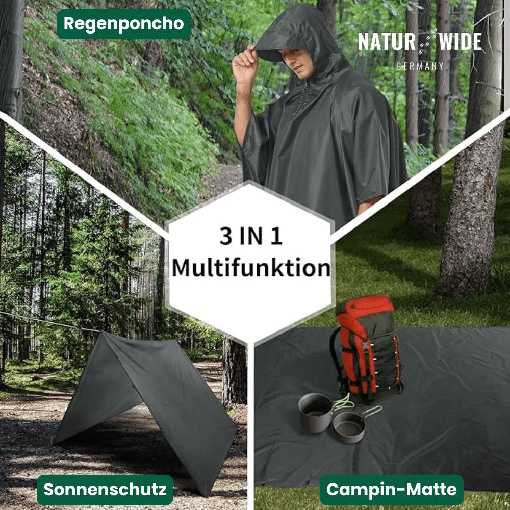 Rain Poncho Waterproof Hood & Sleeves Side Snap Closures