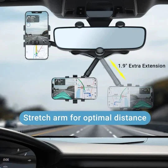 Rearview Mirror Phone Mount 360° Rotating Retractable Arm