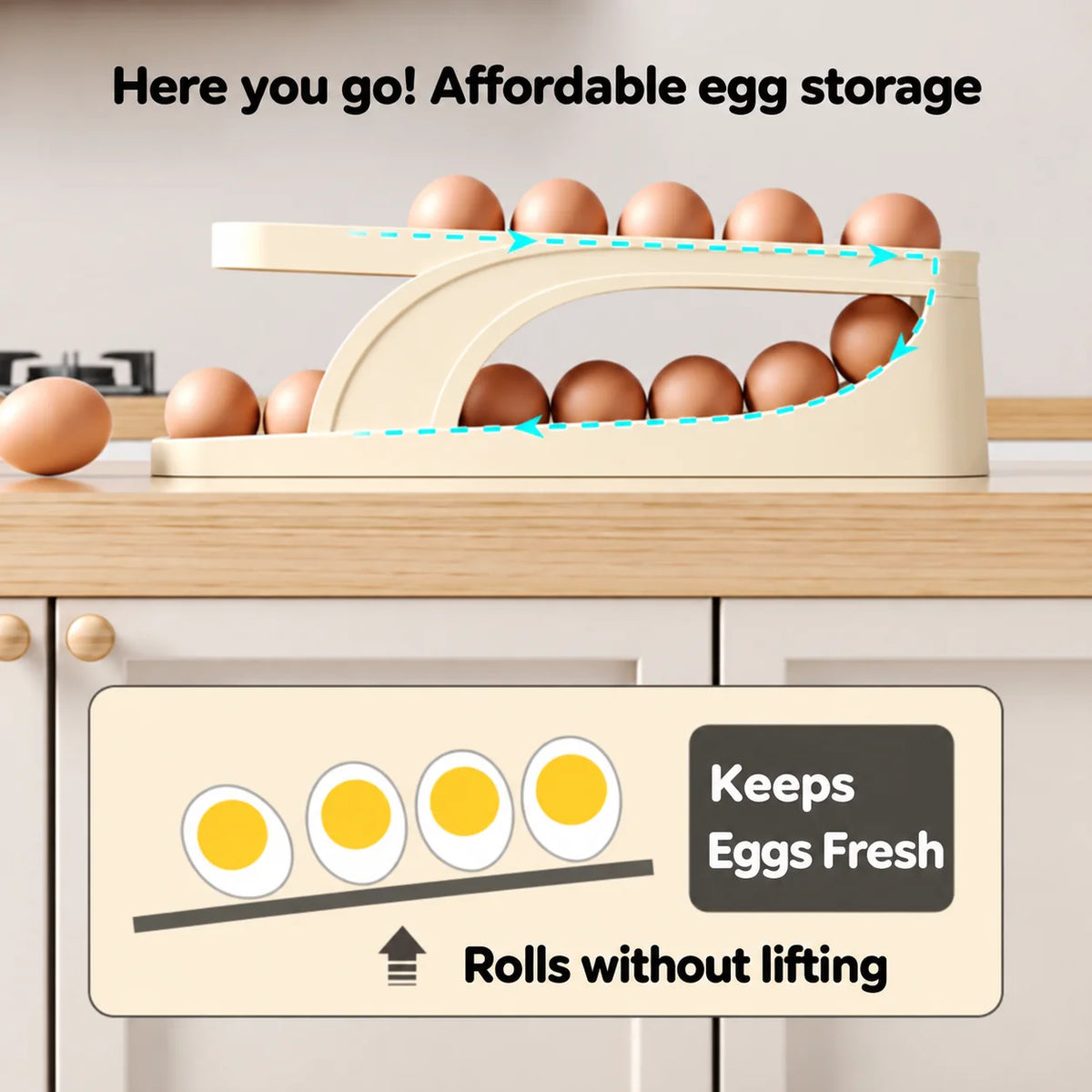 Refrigerator Egg Holder Automatic Rolling Non-Slip Holds 14-15 Eggs