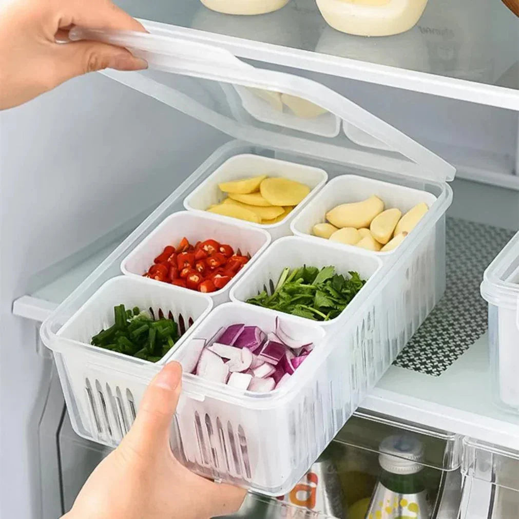 Refrigerator Organizer Six Compartments Drainage Insert Tight-Sealing Lid