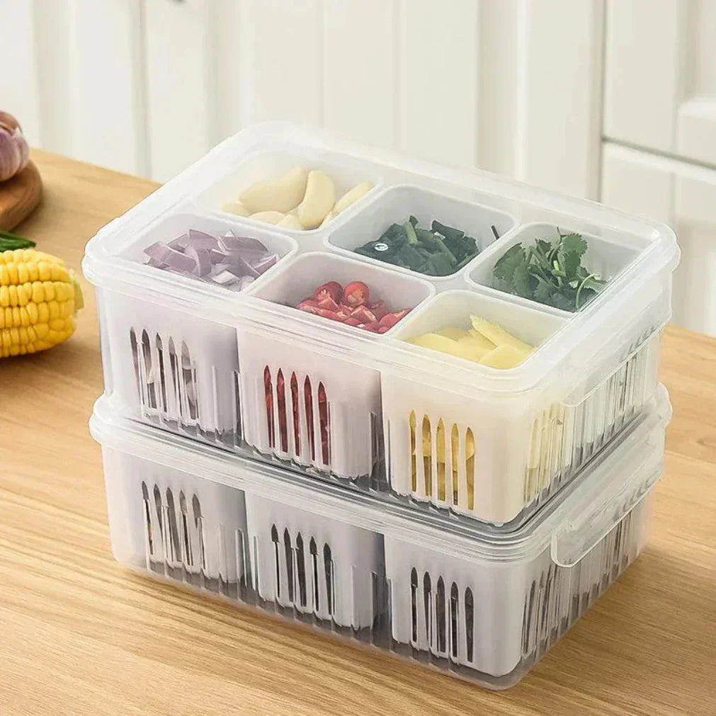 Refrigerator Organizer Six Compartments Drainage Insert Tight-Sealing Lid