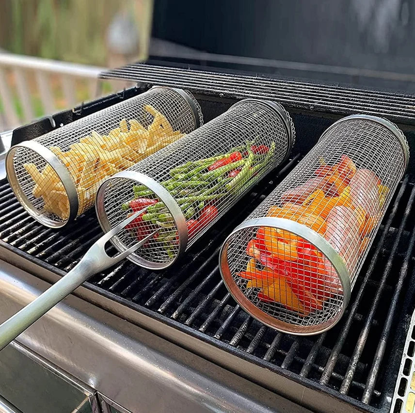 Rotating Grill Basket 304 Stainless Steel Secure Latch