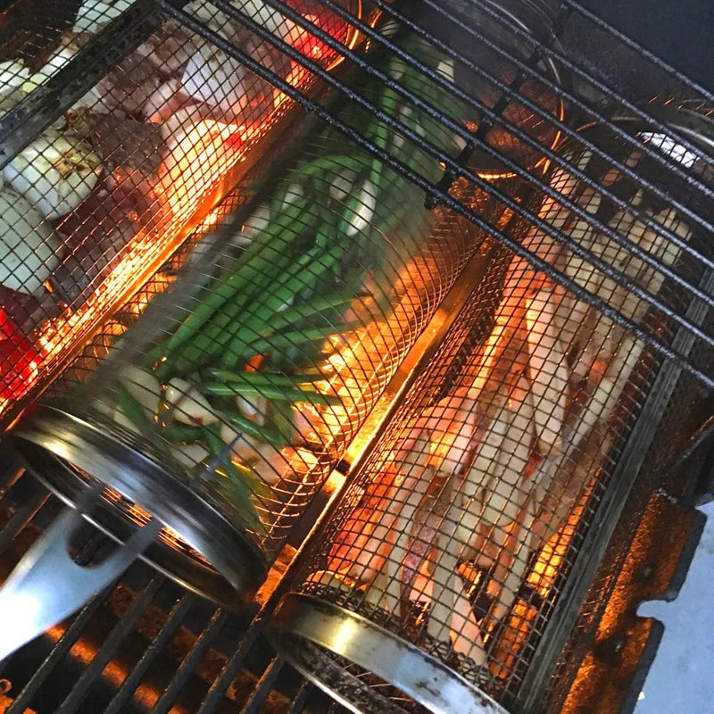 Rotating Grill Basket 304 Stainless Steel Secure Latch