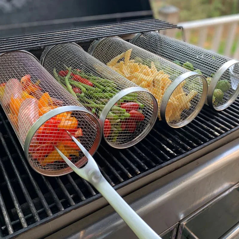 Rotating Grill Basket 304 Stainless Steel Secure Latch