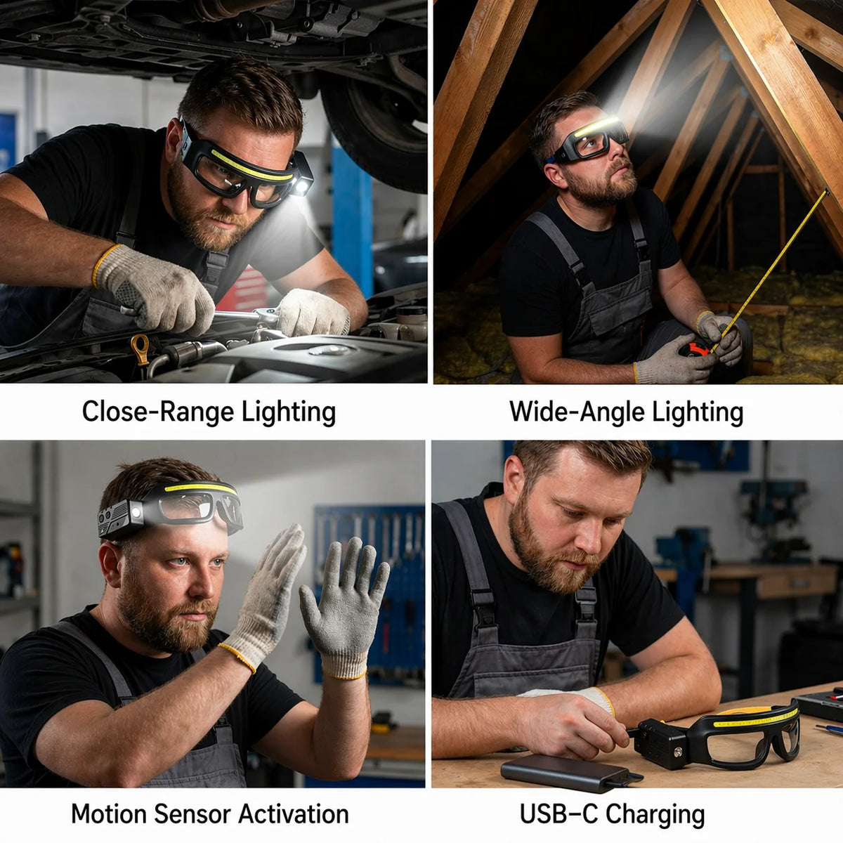 Safety Glasses Lamp Motion-Activated Gaze-Directed USB-C Rechargeable