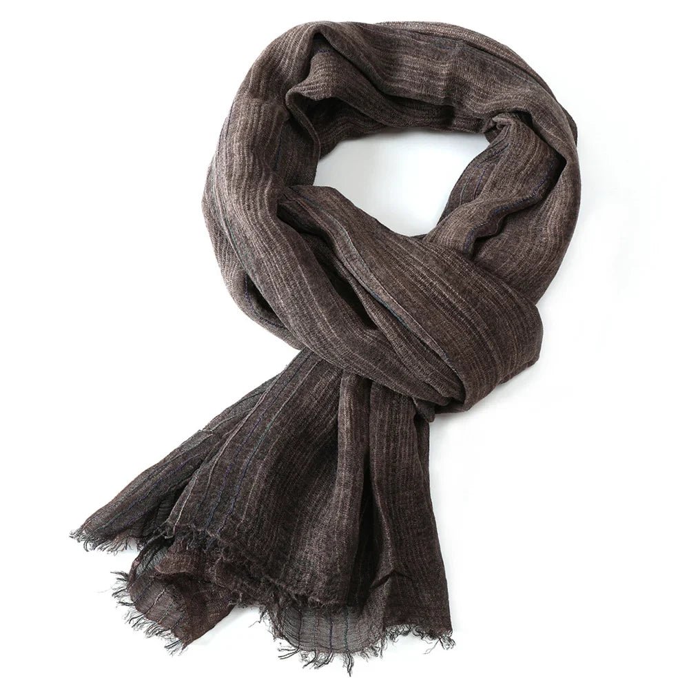 Scarf Cotton-Linen Blend Striped Fringed Lightweight