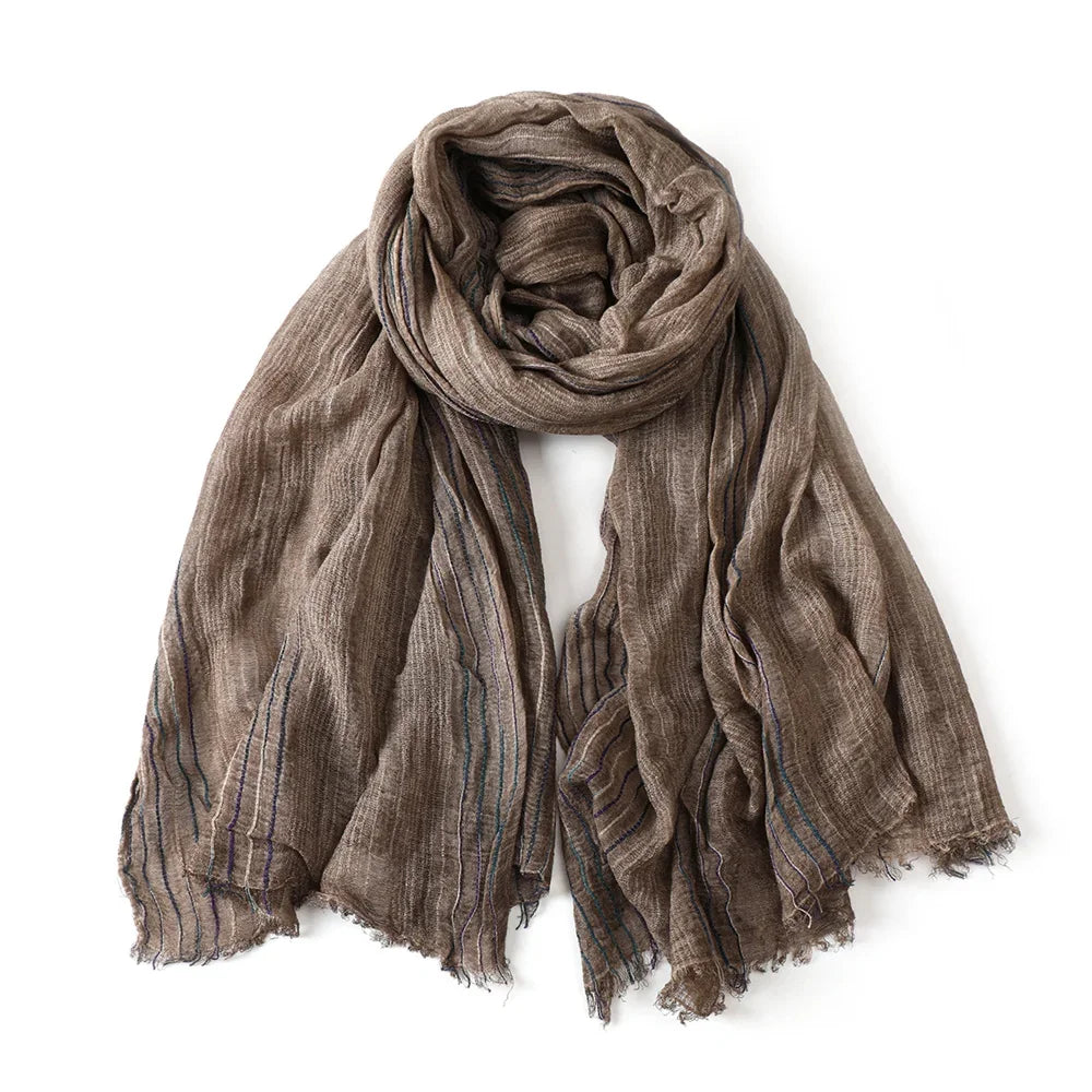 Scarf Cotton-Linen Blend Striped Fringed Lightweight