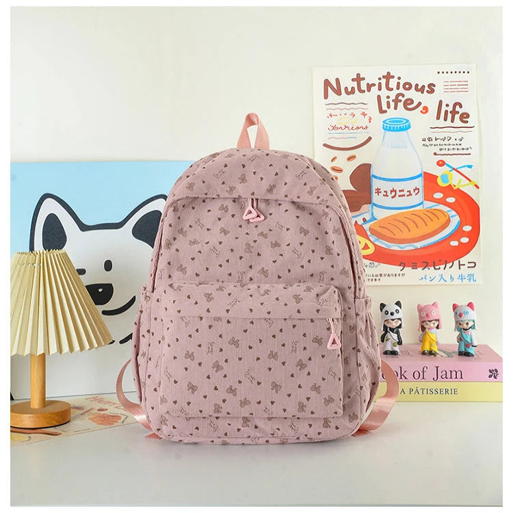School Backpack Heart Print Adjustable Straps & Zippered Front Pockets