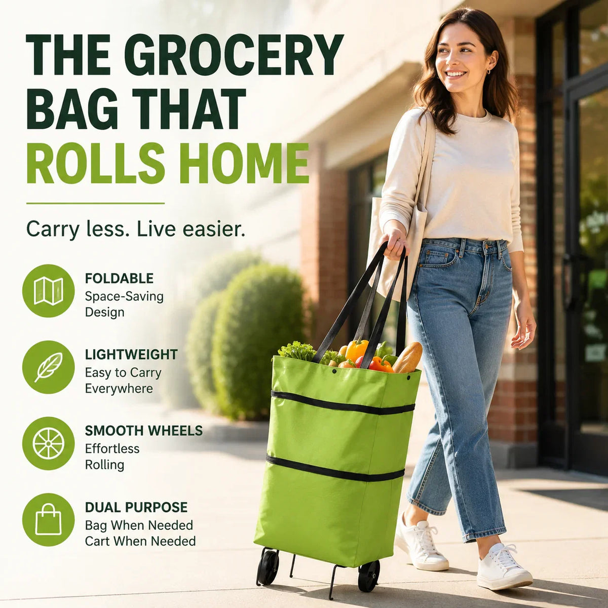 Shopping Bag Foldable 2-In-1 Tote & Rolling Trolley