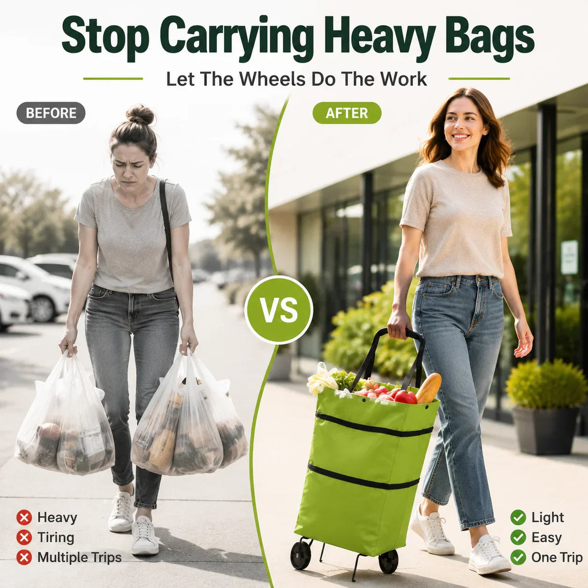 Shopping Bag Foldable 2-In-1 Tote & Rolling Trolley