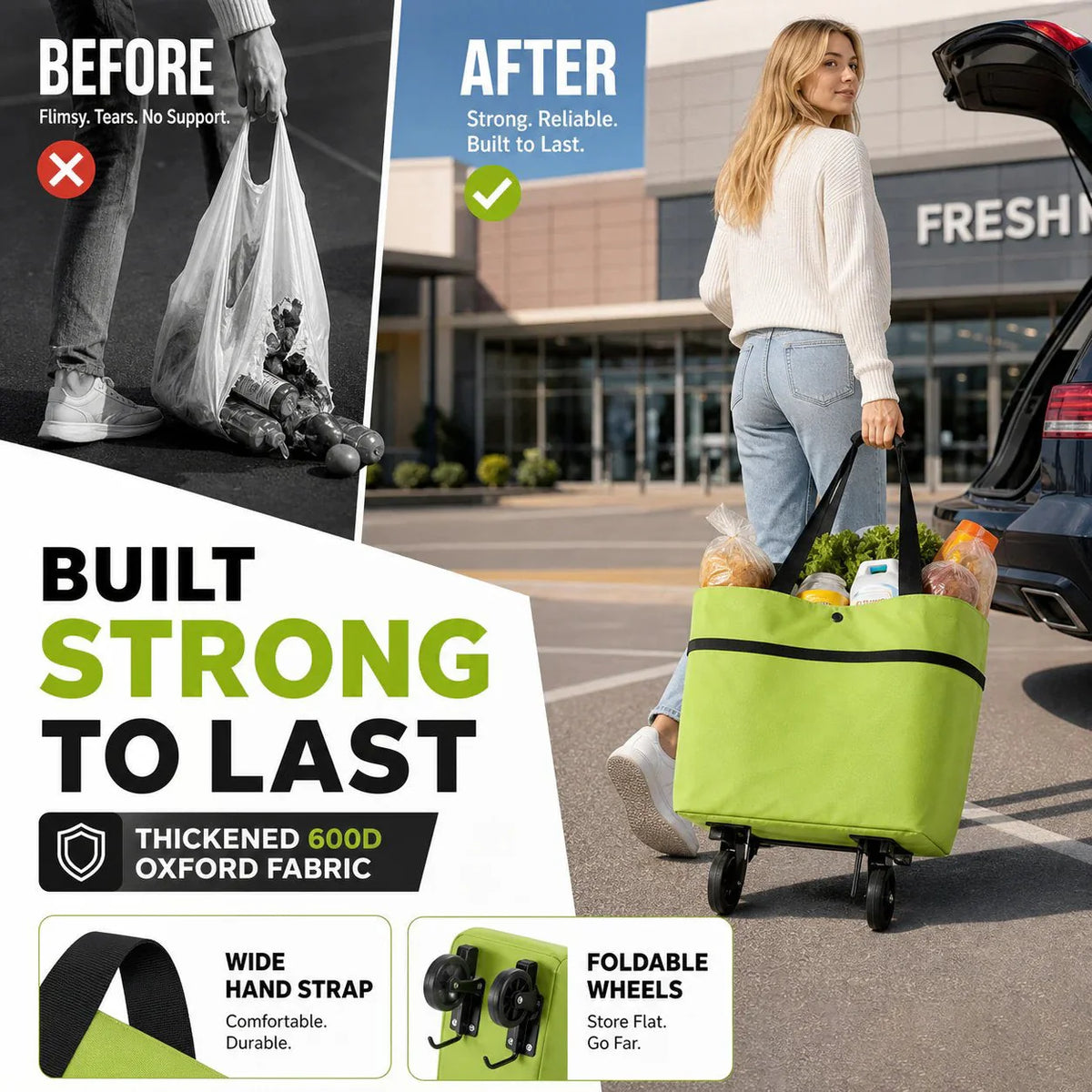 Shopping Bag Foldable 2-In-1 Tote & Rolling Trolley