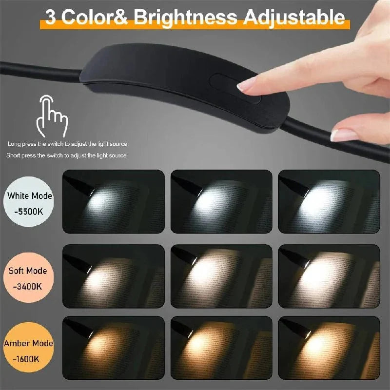 Shoulder Reading Light Dual Bendable Arms Adjustable Brightness Rechargeable