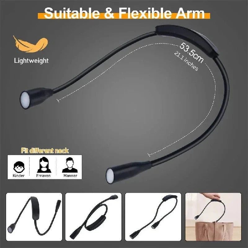 Shoulder Reading Light Dual Bendable Arms Adjustable Brightness Rechargeable