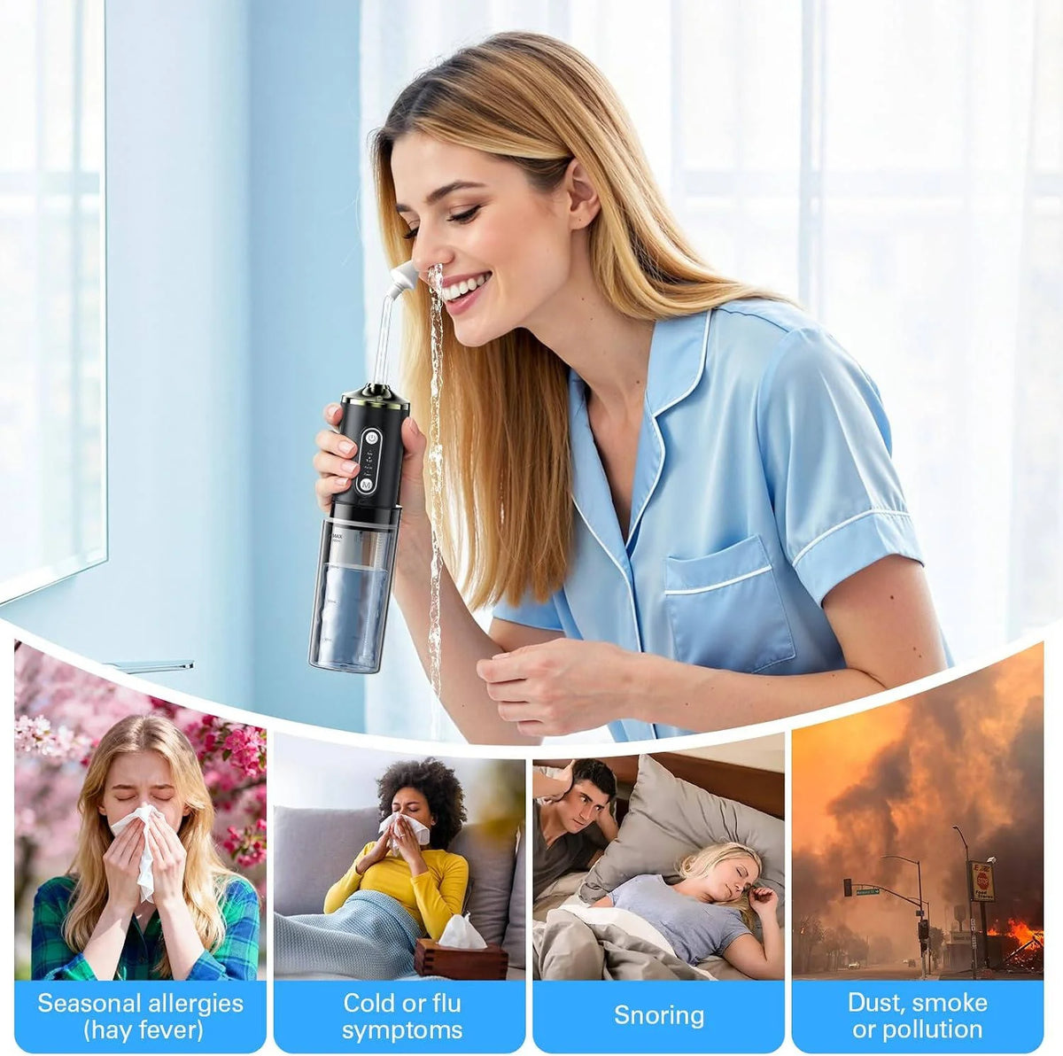 Sinus Rinse Device Rechargeable Adjustable Pressure 360 Degree Nozzle