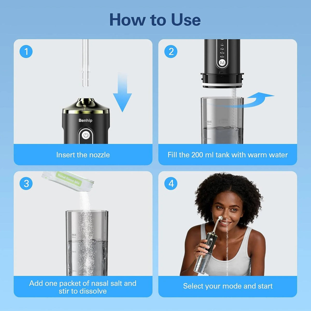 Sinus Rinse Device Rechargeable Adjustable Pressure 360 Degree Nozzle