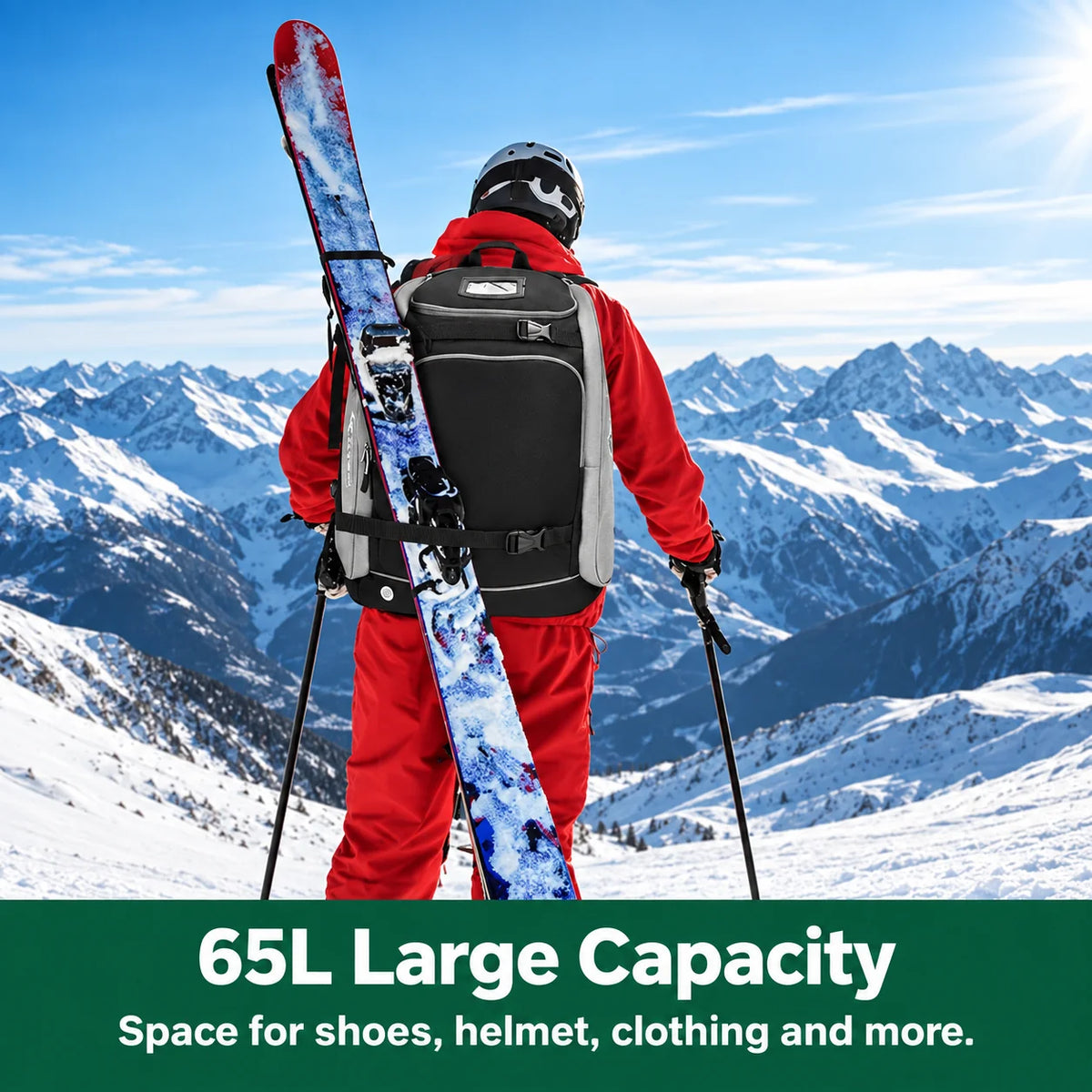 Ski Backpack 65L Boot & Helmet Compartments Padded Straps