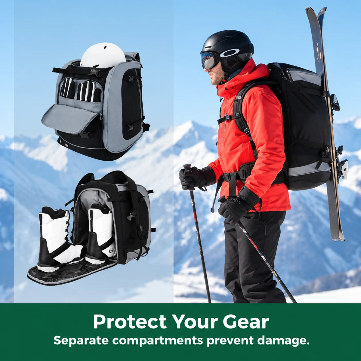 Ski Backpack 65L Separate Boot Compartment & Padded Straps