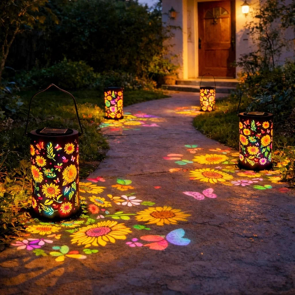 Solar Garden Lantern Flower Projection Weatherproof 8-Hour Runtime