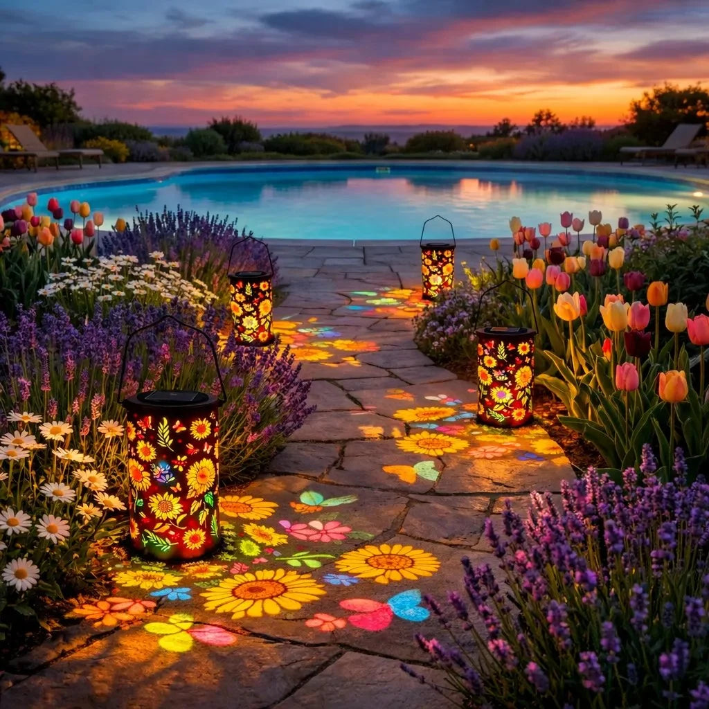 Solar Garden Lantern Flower Projection Weatherproof 8-Hour Runtime