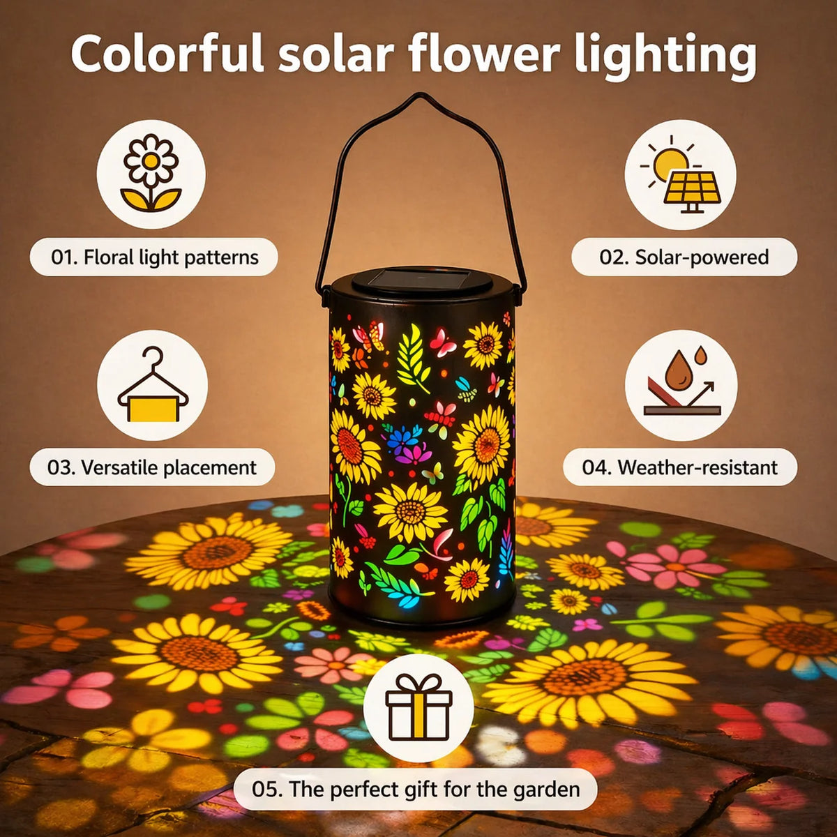 Solar Garden Lantern Flower Projection Weatherproof 8-Hour Runtime