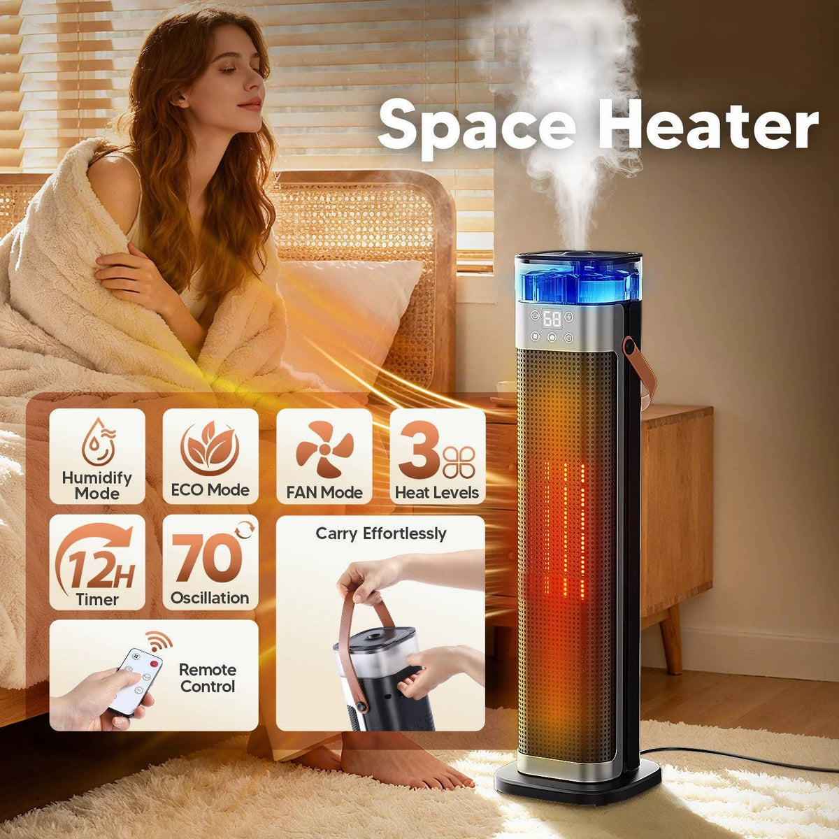 Space Heater 2000W Ceramic Built-In Ultrasonic Humidifier