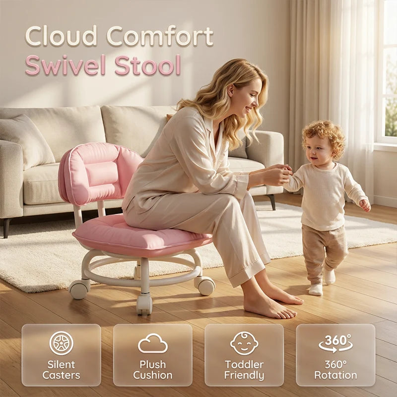 Stool Low Seat Padded Backrest & Quiet Casters