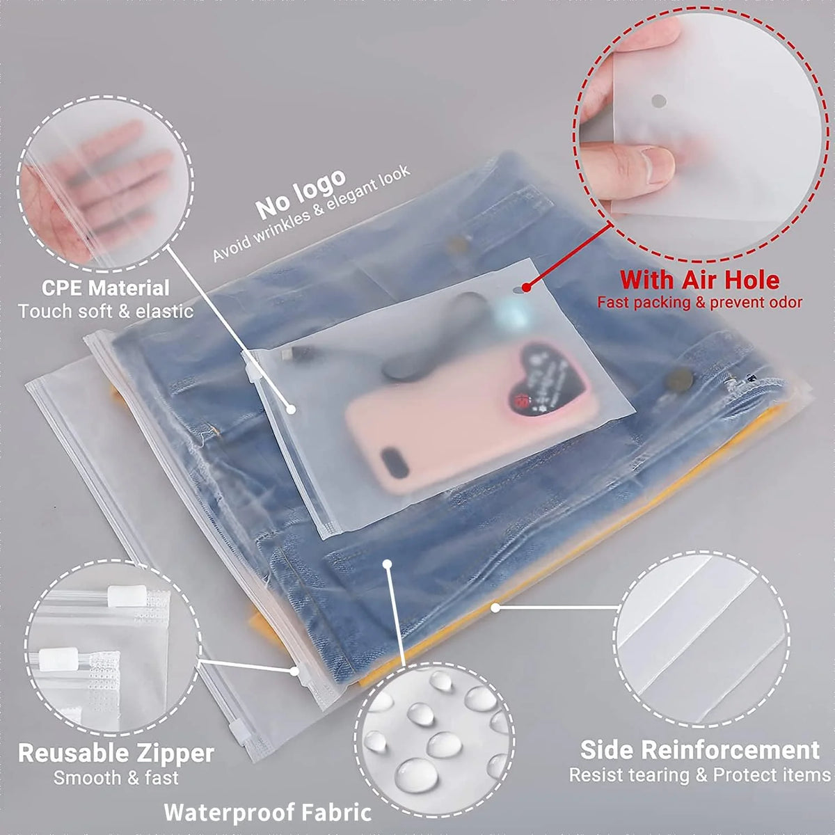 Storage Bags Slide Zip Closure Frosted Translucent & Ventilated