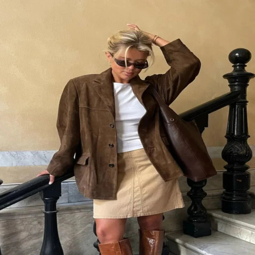 Suede Jacket Lapel Collar Button-Up Front Side Pockets