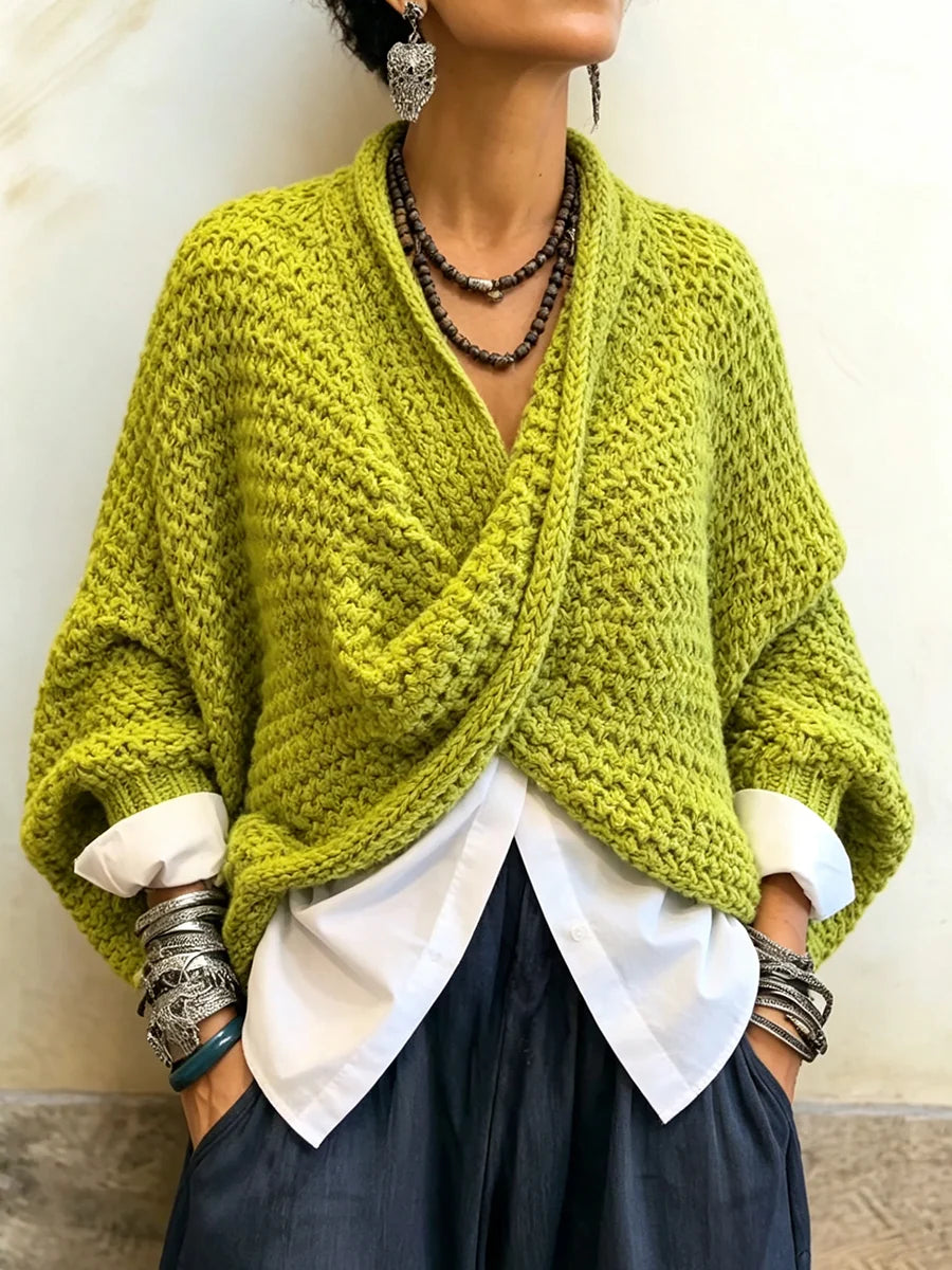 Sweater Crossover V-Neck Chunky Knit Batwing Sleeves