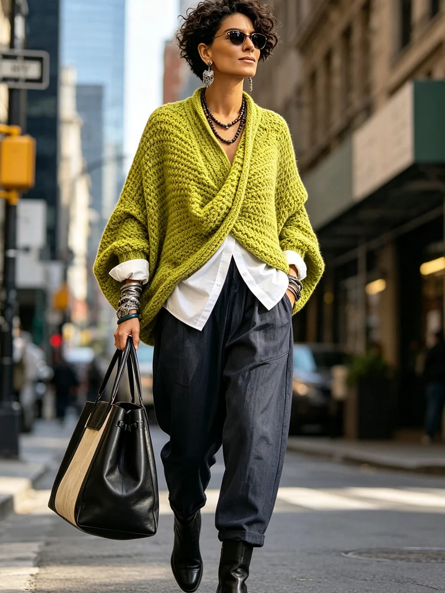 Sweater Crossover V-Neck Chunky Knit Batwing Sleeves