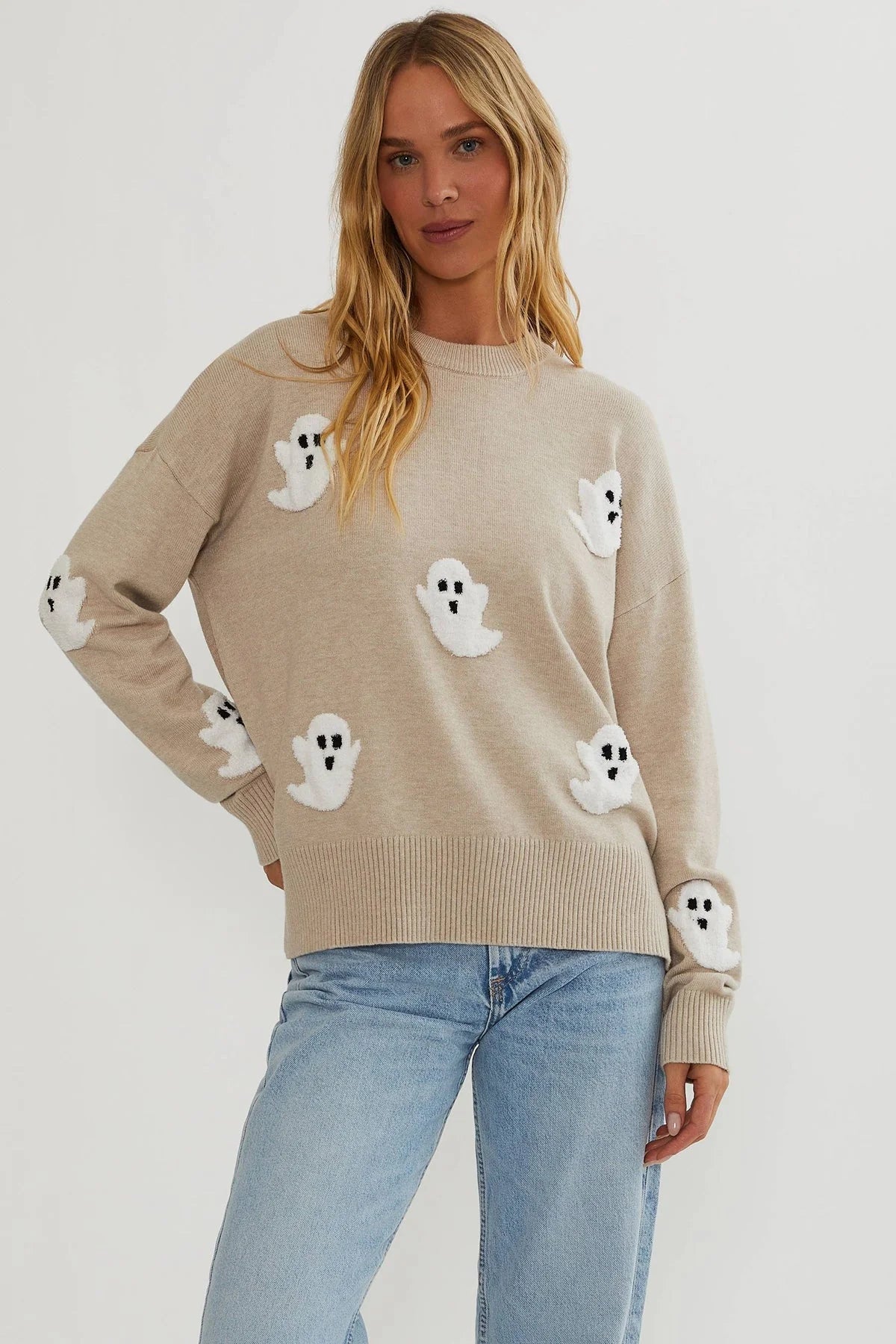 Sweater Textured Ghost AppliquΓ©s Lightweight Knit Relaxed Fit