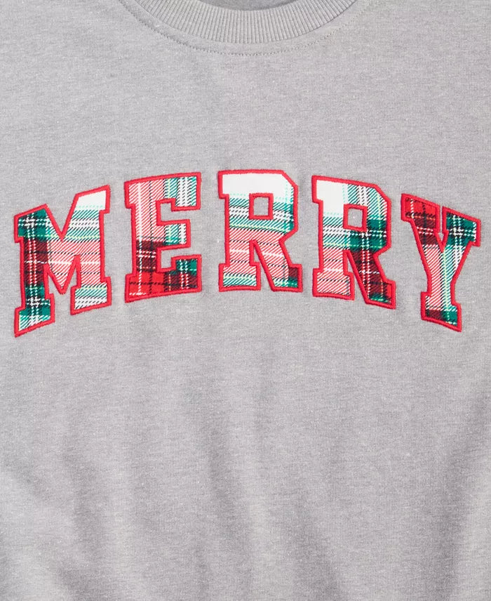 Sweatshirt Holiday Plaid Merry Applique Cotton-Blend Stretch