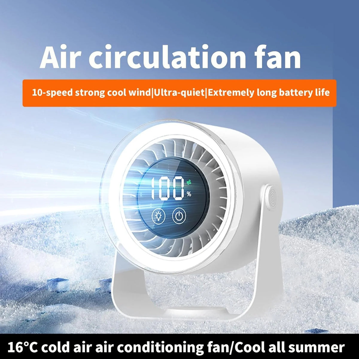Table Fan Ultra-Quiet 10 Speeds USB-C Rechargeable
