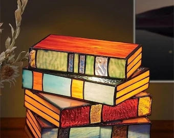 Table Lamp Stained Glass Stacked Books Design