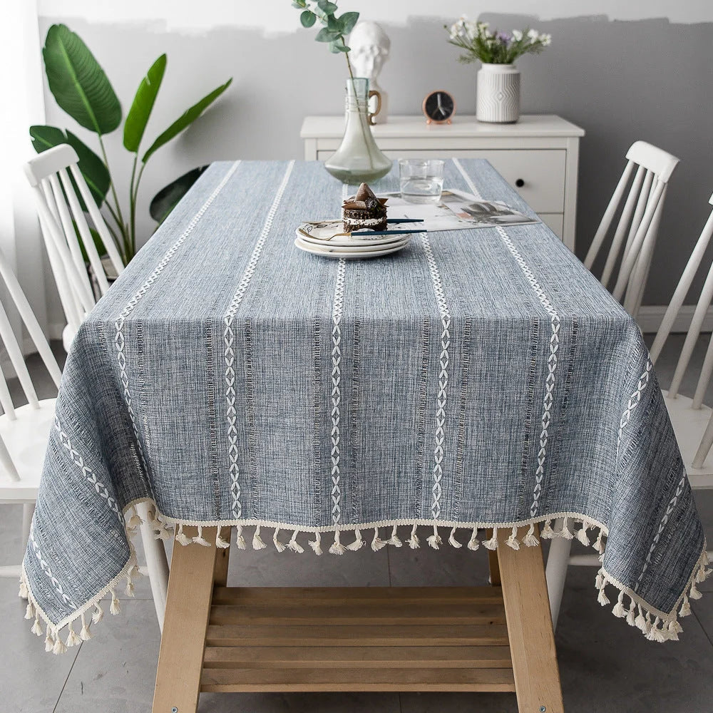 Tablecloth Cotton-Linen Striped Tassel Fringe