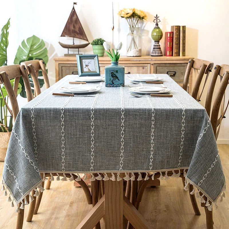 Tablecloth Cotton-Linen Striped Tassel Fringe