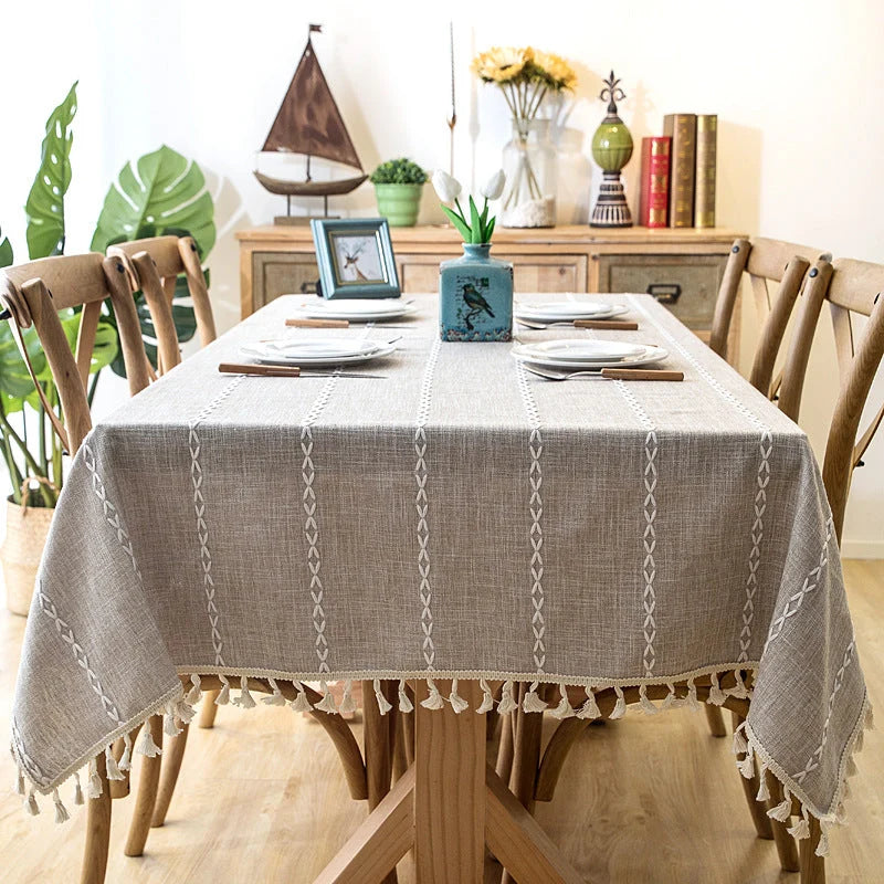 Tablecloth Cotton-Linen Striped Tassel Fringe