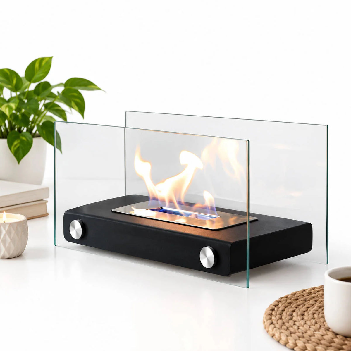 Tabletop Bio Ethanol Fireplace Dual Tempered Glass Wind Guards