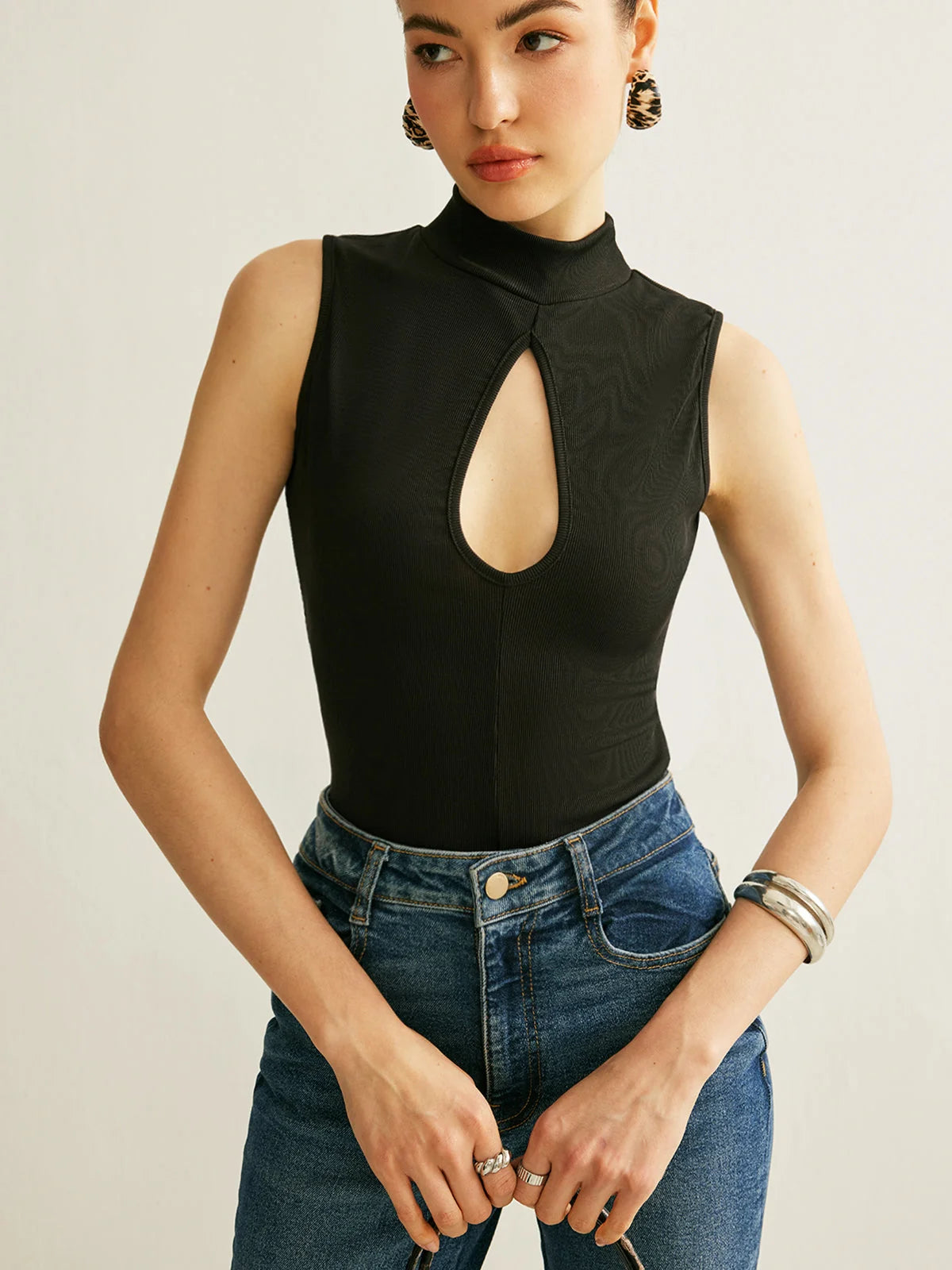 Tank Top Ribbed Stand Collar Stretch